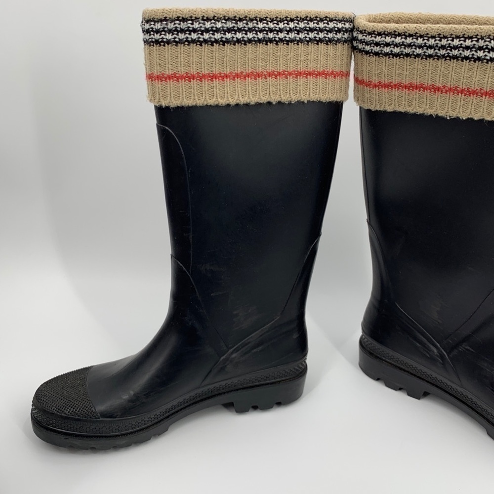 BURBERRY LONDON CLASSIC CHECK PLAID LOGO BLACK RUBBER TALL KNIT RAIN BOOTS - Picture 5 of 8